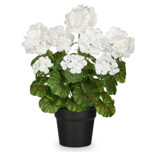 Briful 16"Artificial Geranium Flower Potted Plant Realistic Silk White Flowers with Vibrant Green Leaves Fake Begonia Flowers for Outdoors Farmhouse Office Home Decor