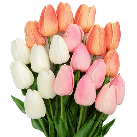 Briful 20 Pcs Tulips Artificial Flowers 13.5" Faux Tulips Flowers White Pink Peach Multicolor Mixed Fake Flowers Bulk Table Centerpieces Wedding Bouquet Home Decor