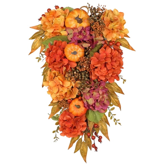 Briful 23.6” Hydrangea Pumpkin Teardrop Swag Fall Floral Door Swag with Pumpkins Berries & Autumn Foliage Wall Décor