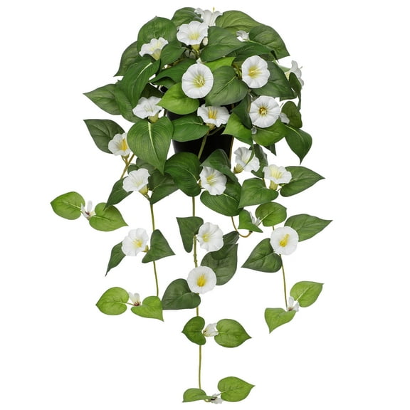 Briful 25.6" Artificial Flowers with Pot Hanging Morning Glory Flowers Fake Silk Plants Flowers Porch Greenery for Home Garden Balcony Shelf Decor Indoor, White