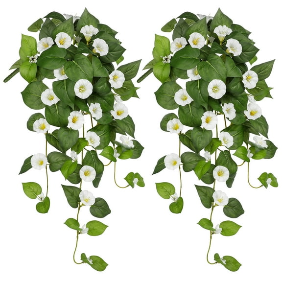 Briful 2Pcs 25.6" Artificial Hanging Flowers Morning Glory Flower Vines Fake Petunias Porch Plants Silk Greenery for Home Garden Balcony Shelf Decor Indoor, White
