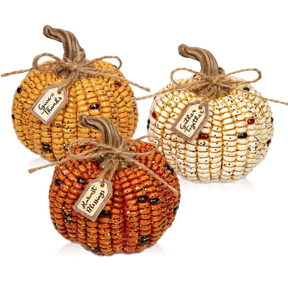 Briful 3PCS Fall Pumpkins Decorative Corn Cob Pumpkins Resin Fake Pumpkins Autumn Table Centerpieces Shelf Home Decoration