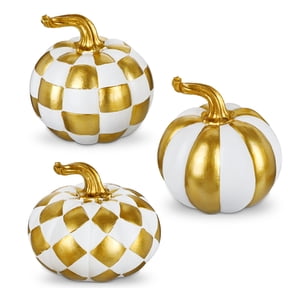 Briful 3Pcs Halloween White and Gold Resin Pumpkins Modern Fall Decorative Pumpkin Set for Autumn Thanksgiving Table Centerpeice Decor