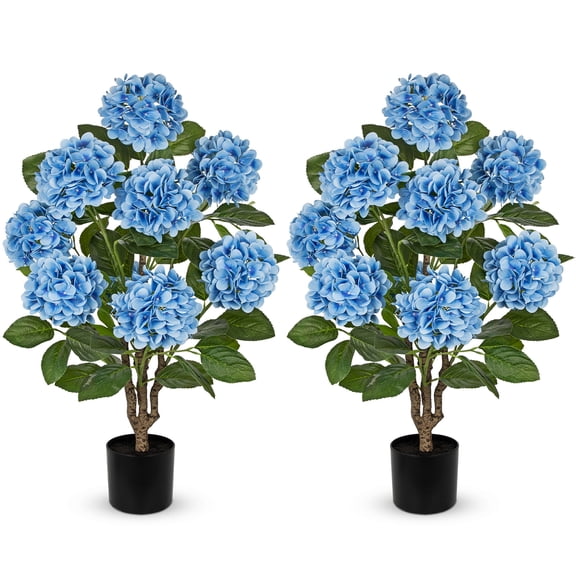 Briful 3ft Blue Hydrangea Artificial Flowers Tree 2 Pcs Faux Hydrangea Plants Potted Large Real Touch Silk Fake Flower s in Black Pot for Home Indoor Outdoor Front Porch Garden Decor