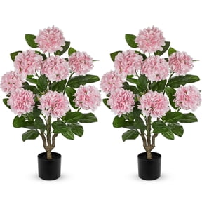 Briful 3ft Pink Hydrangea Artificial Flowers Tree 2 Pcs Large Real Touch Faux Silk Hydrangea Plants Potted Fake Flower in Black Pot for Home Indoor Outdoor Front Porch Garden Decor