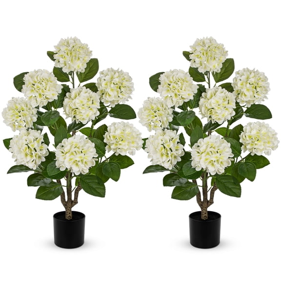 Briful 3ft White Hydrangea Artificial Flowers Tree 2 Pcs Faux Hydrangea Plants Potted Large Real Touch Silk Fake Flower s in Black Pot for Home Indoor Outdoor Front Porch Garden Decor
