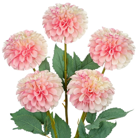 Briful 5Pcs Artificial Flowers Pink Dahlia Fake Silk Ball Flowers with 21.2" Long Stems 6Leaves for DIY Corsage Wedding Bouquets Centerpieces Arrangements Bridal Party Home Decoration