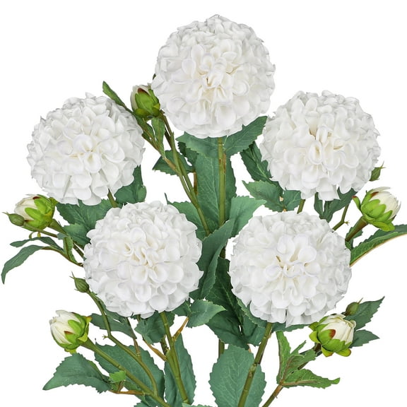 Briful 5Pcs Artificial Flowers White Dahlia Fake Silk Ball Flowers with 24.8" Long Stems 17Leaves for DIY Wedding Bouquets Centerpieces Arrangements Bridal Party Home Decor