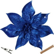 Briful 9'' Christmas Poinsettia Flowers 8PCS Glitter Artificial Flowers Large Christmas Ornament Flowers for Xmas Tree Wreath Garland Decoration Blue