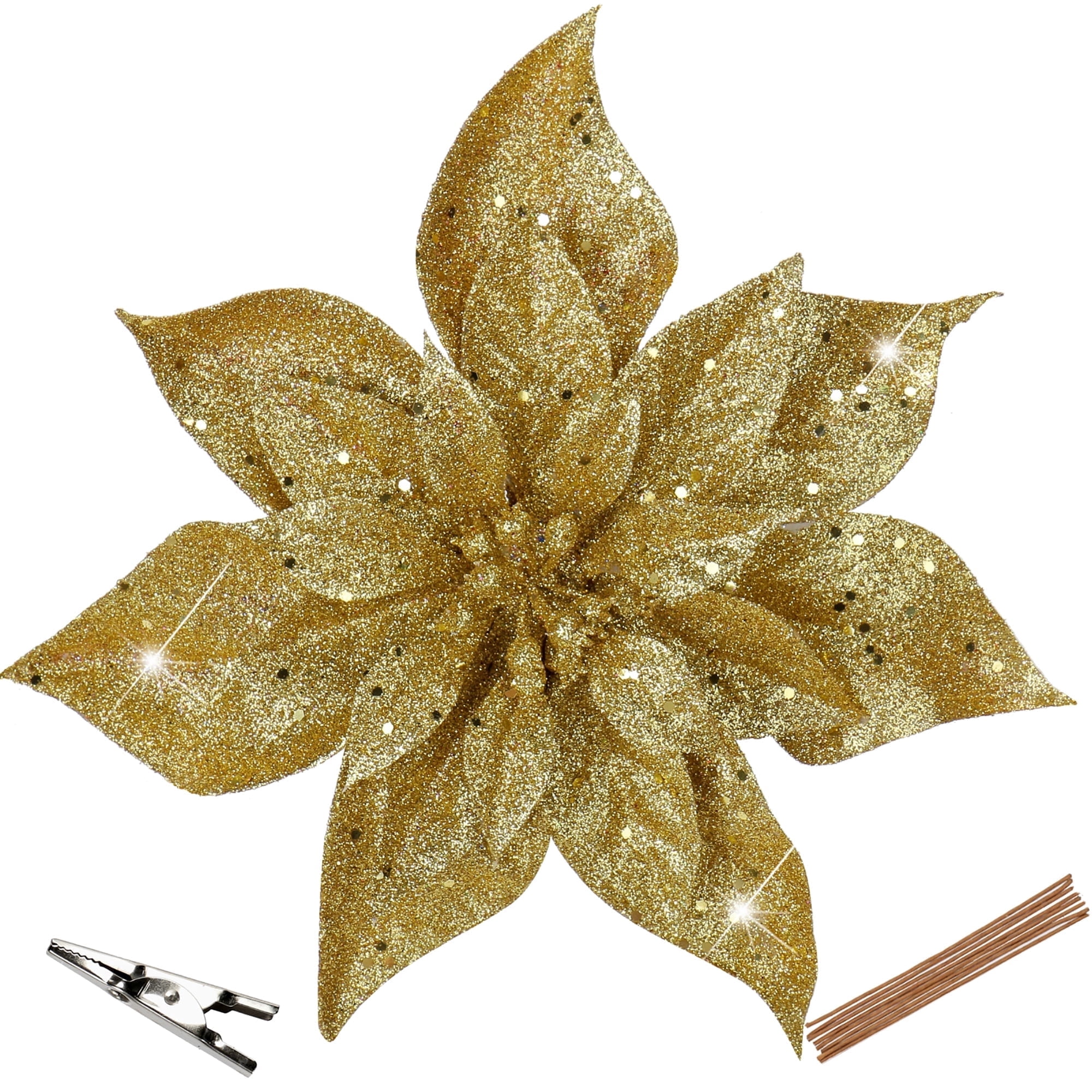 Briful 9'' Christmas Poinsettia Flowers 8PCS Glitter Artificial Flowers Large Christmas Ornament Flowers for Xmas Tree Wreath Garland Decoration Gold