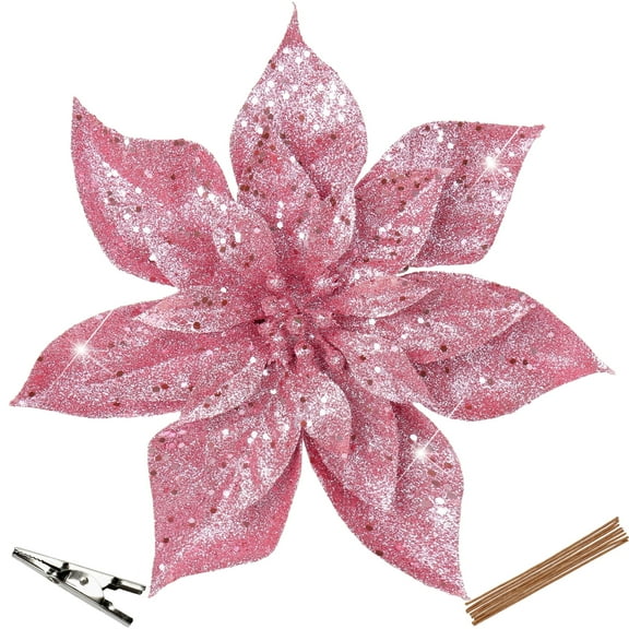 Briful 9'' Christmas Poinsettia Flowers 8PCS Glitter Artificial Flowers Large Christmas Ornament Flowers for Xmas Tree Wreath Garland Decoration Pink