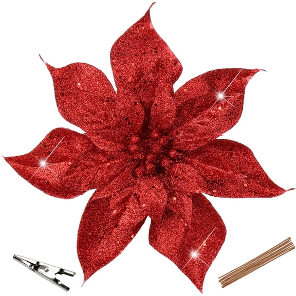 Briful 9'' Christmas Poinsettia Flowers 8PCS Glitter Artificial Flowers Large Christmas Ornament Flowers for Xmas Tree Wreath Garland Decoration Red
