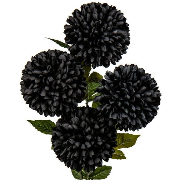 Briful Artificial Chrysanthemums Ball Flowers 6’’ Large Heads Mums Stems Fake Hydrangea Flowers Bridal Wedding Bouquet for Home Garden Party Wedding Decoration, Set of 4, Black