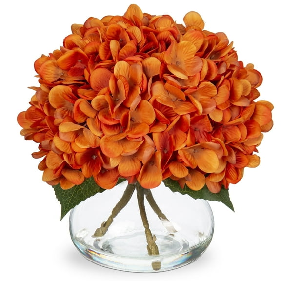 Briful Artificial Hydrangea Flowers in Glass Vase with Faux Water Fall Orange Silk Fake Flowers Floral Arrangement Table Centerpieces Home Decor
