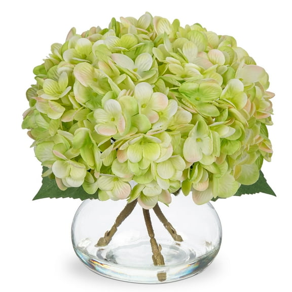 Briful Artificial Hydrangea Flowers in Glass Vase with Faux Water Spring Green Silk Fake Flowers Floral Arrangement for Wedding Party Table Centerpieces Home Decor