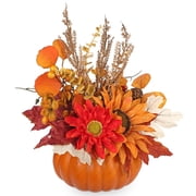 Briful Artificial Pumpkin Fall Décor Autumn Table Centerpieces with Red Faux Flowers, Maple Leaves, Sunflowers, Orange Pumpkin – Halloween, Thanksgiving & Harve