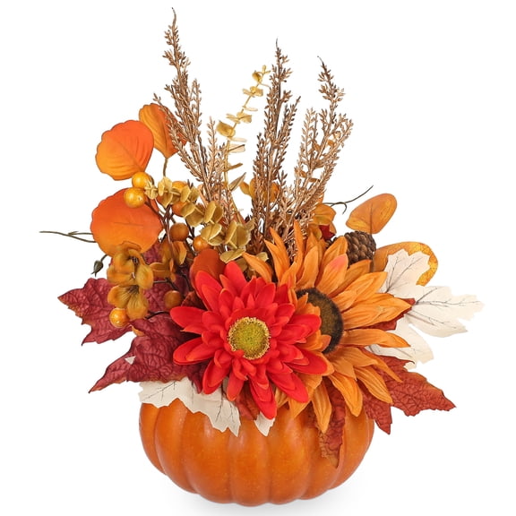 Briful Artificial Pumpkin Fall Décor Autumn Table Centerpieces with Red Faux Flowers, Maple Leaves, Sunflowers, Orange Pumpkin – Halloween, Thanksgiving & Harvest Home Decoration