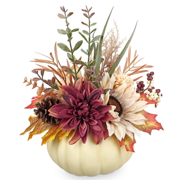 Briful Artificial Pumpkin Fall Table Centerpiece Flowers Maple Leaves Sunflower Arrangement in Beige Pumpkin Décor for Halloween Thanksgiving Harvest