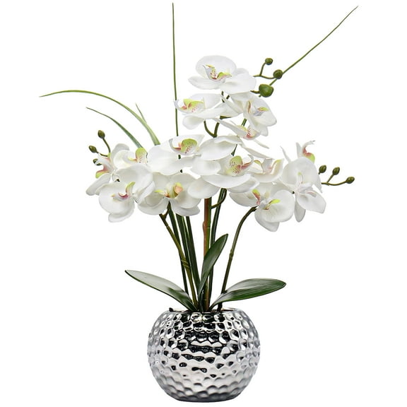 Briful Artificial White Phalaenopsis Orchid Flower Arrangements 20.8" Faux Orchid Flower in Silver Pot Orchid Centerpiece for Dining Room Table