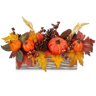 Briful Autumn Harvest Pumpkins Table Centerpiece Fall Decor Artificial Maple Leaves, Berries and Pinecones Arrangement in Rectangle Wooden Box Decoration