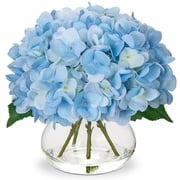 Briful Blue Artificial Hydrangea Flowers in Glass Vase, Silk Faux Flower Arrangement for Wedding Party Home Decor