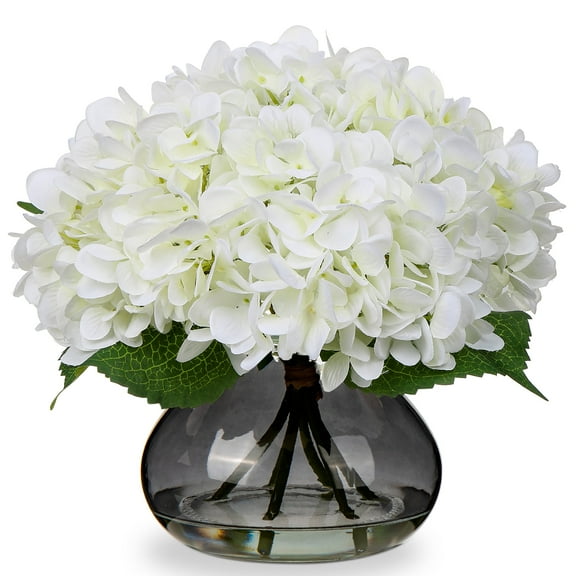 Briful Hydrangea Artificial Flowers with Vase White Silk Fake Flowers Arrangements in Gray Glass Vase with Faux Water Wedding Party Home Decor Table Centerpiece