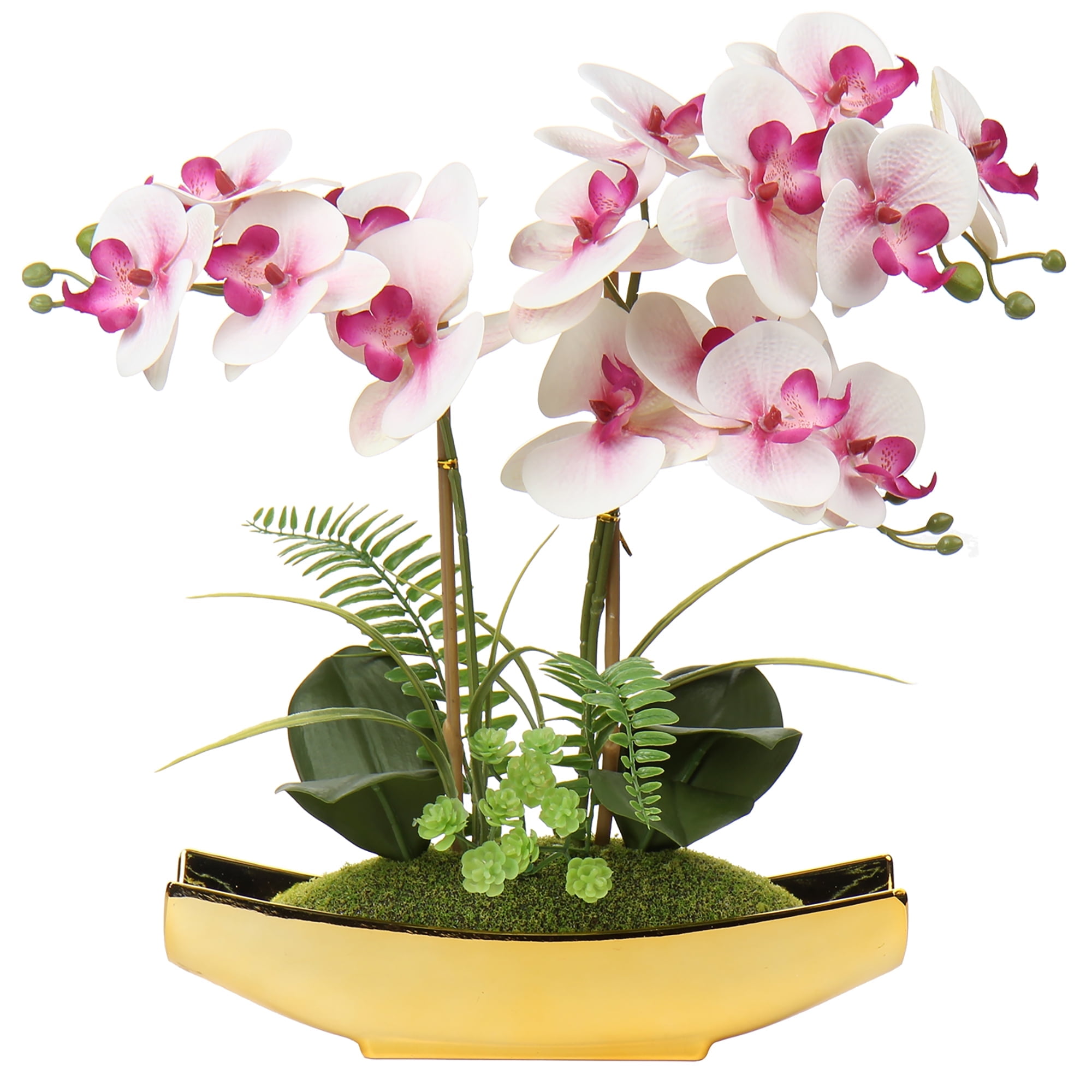 Briful Orchids Artificial Flowers Potted 15" Light Pink Phalaenopsis Orchid with Gold Boat Pots Home Decoration