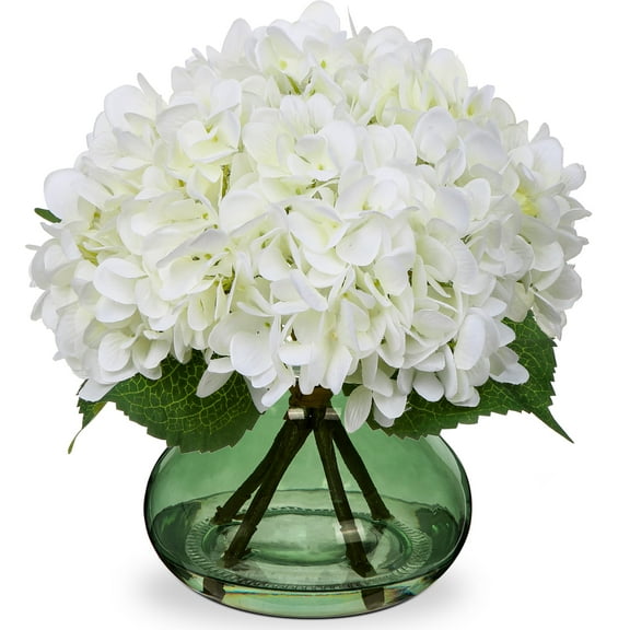 Briful White Artificial Hydrangea Flowers in Green Glass Vase with Faux Water Silk Floral Arrangement for Wedding Party Table Centerpieces Home Decor