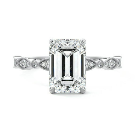 Brig Jewel 2.2 Ct Emerald Cut Diamond Wedding Ring - 14K White Gold Plated Ring for Gift - Engagement Wedding Diamond Jewelry for Women's - Beautiful Milgrain Designer Ring - Valentine Proposal Ring