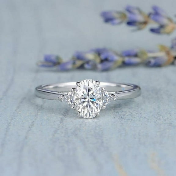 Brig Jewelry 1.9 Ct Excellent Oval Cut Moissanite Ring - 14K White Gold Plated Rings - Women's 3 Stone Engagement Ring - Classic Wedding Trilogy Rings