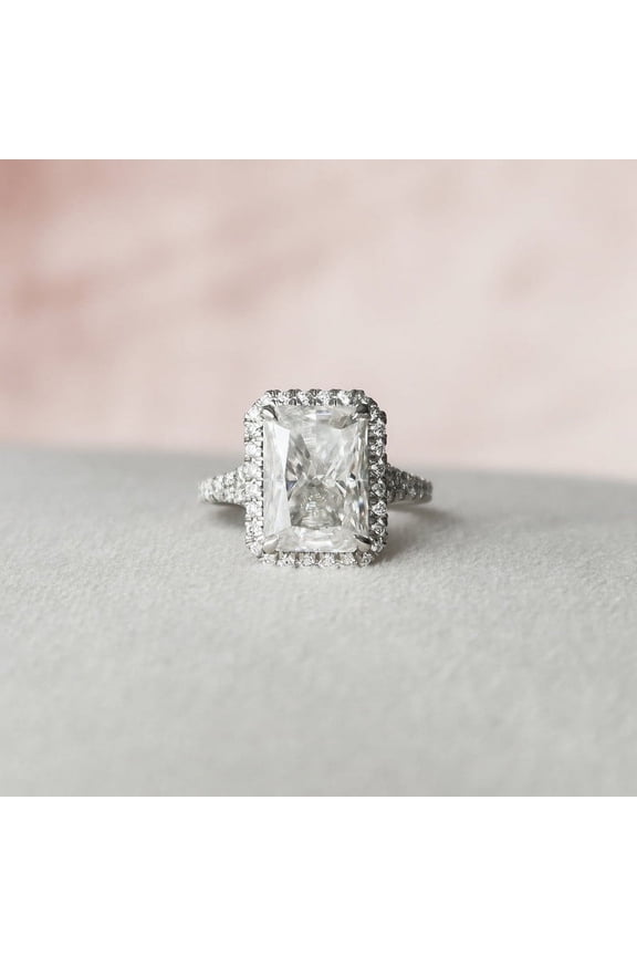 ry 1.9 Ct Radiant Cut Excellent Moissanite Ring - 14K White Gold Plated Ring - Halo Solitaire with Accent Rings for Her - Ever & Ever Halo Moissanite