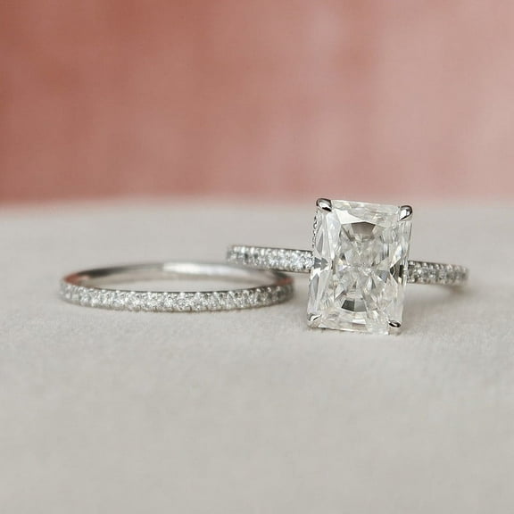 Brig Jewelry 14k White Gold Clearance Rings - 2 Ct VVS1 Radiant Cut Moissanite Ring - Women's Bridal Moissanite Jewelry Set - Elegant Daily Use Moissanite Ring for Her