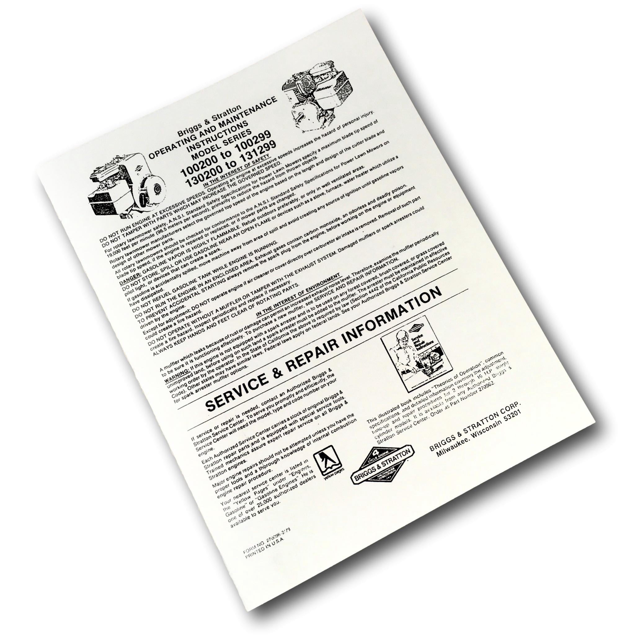 Briggs And Stratton 4Hp Engine 100200 To 100299 Operating Manual ...