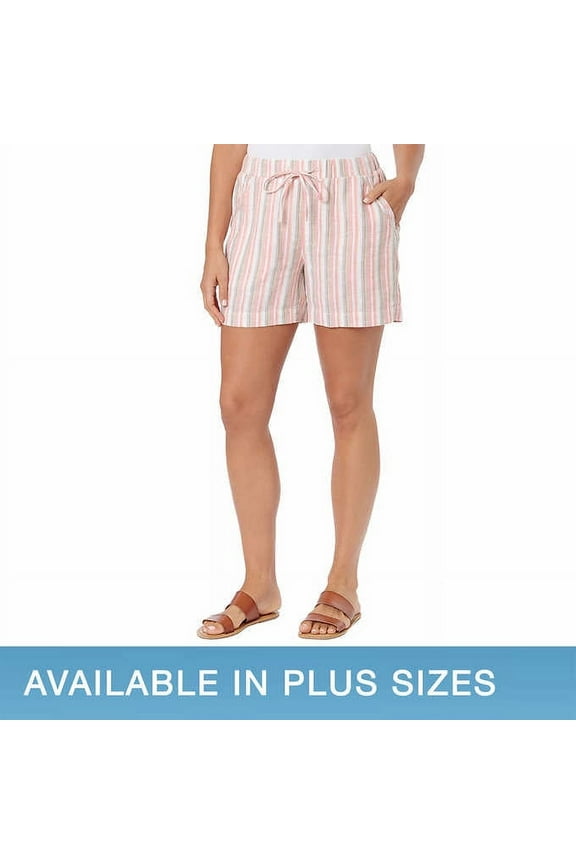 Women's Smoked Elastic Waist Linen Blend Pull-On Shorts (Pink Stripe, S)