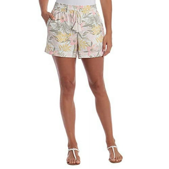 Briggs New York Women's Linen Blend Pull-On Summer Shorts with Pockets and Drawstring (Multi- Floral, Medium)