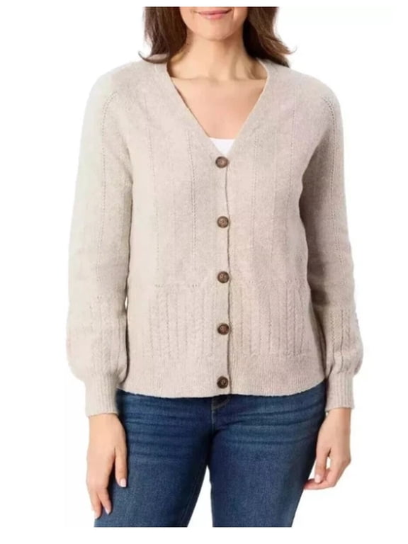 Soft Button Front V-Neck Cable Knit Cardigan Sweater, Women's Medium