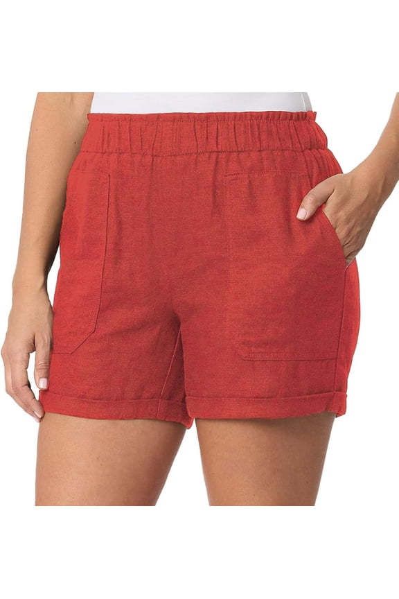 Women's Linen Blend Cuff Pull On Shorts (Orange, M)