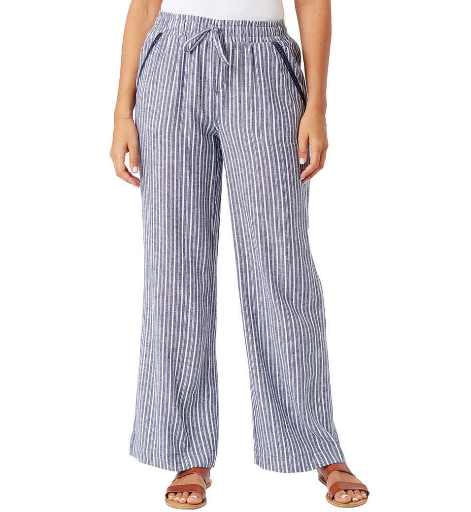 Briggs Women's Linen Blend Pull On Pant (Navy White Stripe, XL