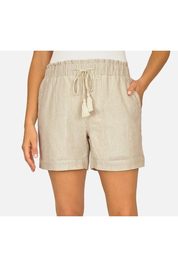 Women's Linen Blend Striped Drawstring Waist Shorts Medium