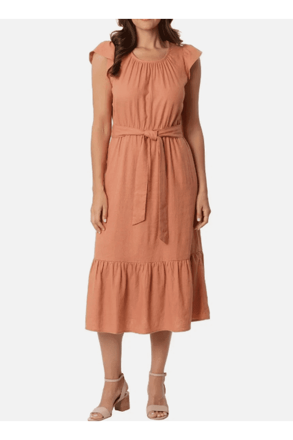 Women's Linen Blend Tiered Dress Rust XL