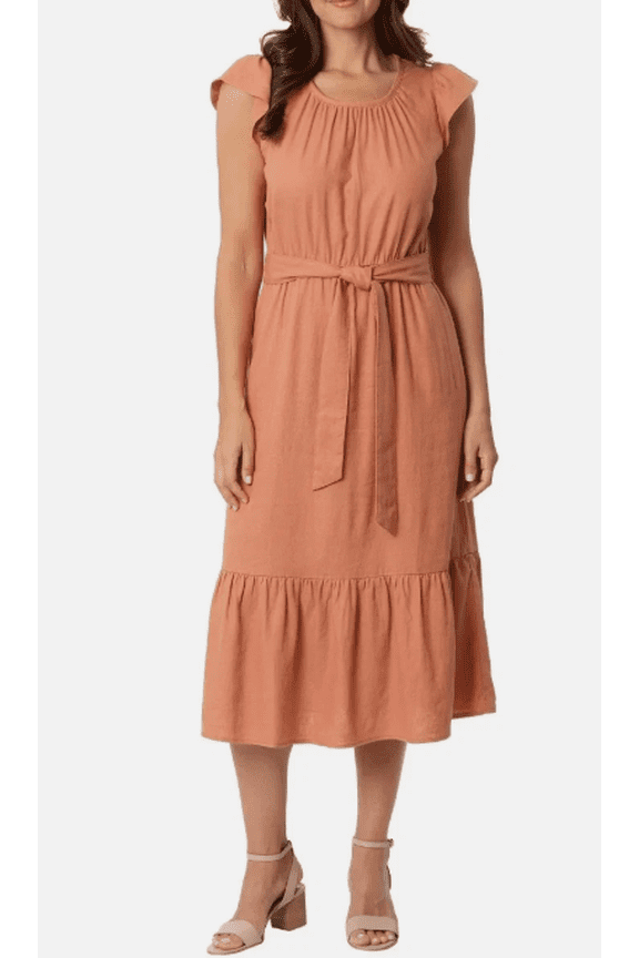 Women's Linen Blend Tiered Dress Rust XXL