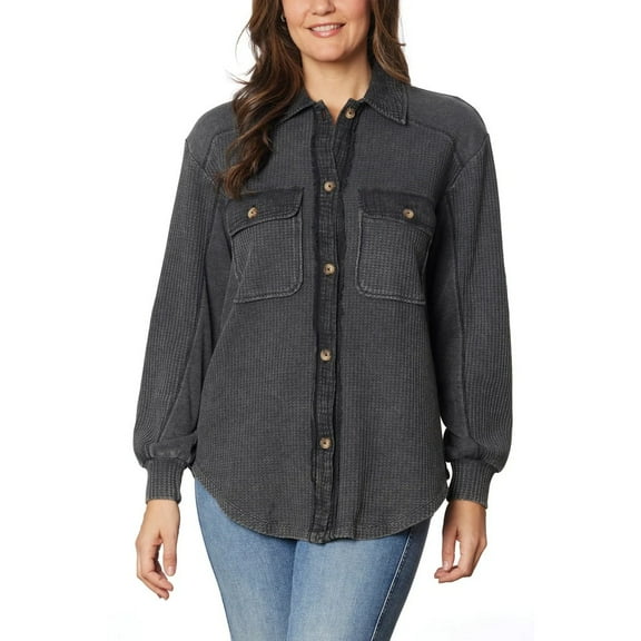 Briggs Women's Relaxed Fit Button Front Long Sleeve Waffle Shirt (US, Alpha, Medium, Regular, Regular, Black)