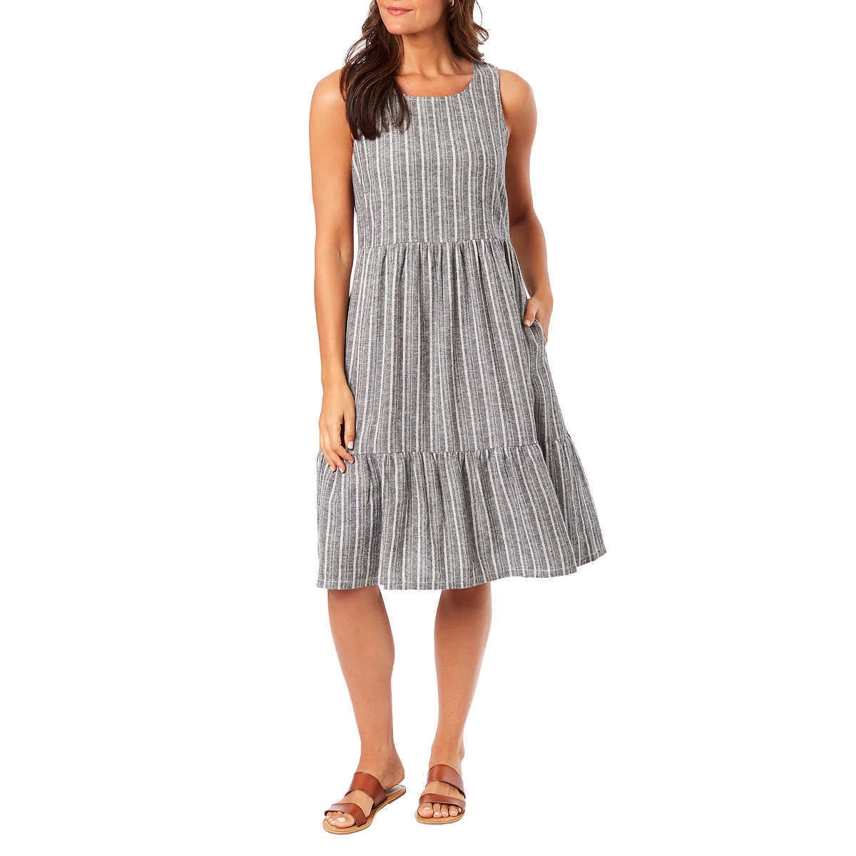 chinese dress ladies Briggs Womens V-neck Linen Blend Dress,Black,Large at Amazon Women's  Clothing store main image 1