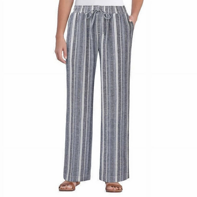 Linen-blend Pull-on Pants - White/blue striped - Ladies