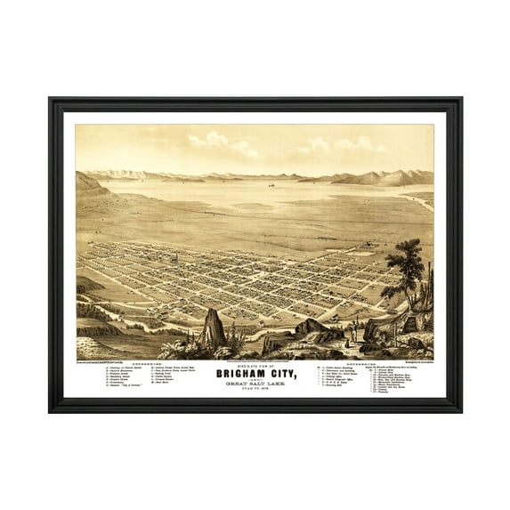 Brigham City Art, 1875 Vintage Map of Brigham City Utah, UT History Wall Decor Gift, Old Brigham City Map - 24" x 18" Black Framed Print