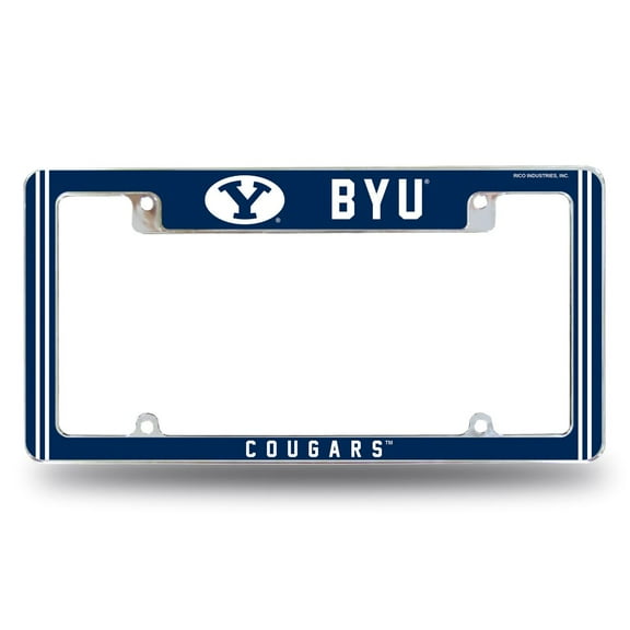 Brigham-Young BYU-Cougar's Chrome Metal License Plate Frame with Full Frame Team Color Graphics