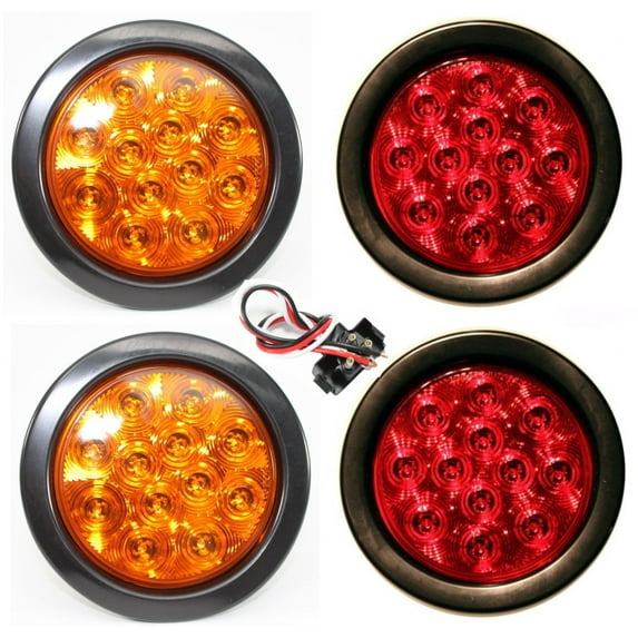 Bright 2 Amber 2 Red Round 4" Stop Brake Turn Tail LED Light Truck Trailer with Grommet Plug Kit