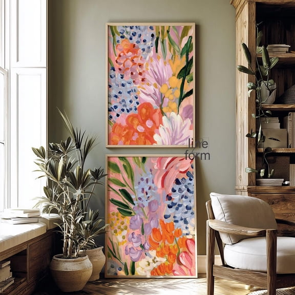 Bright Abstract Floral Colorful Modern Botanical Wall Art Prints Set 2 Unframed Paper Print 20x30