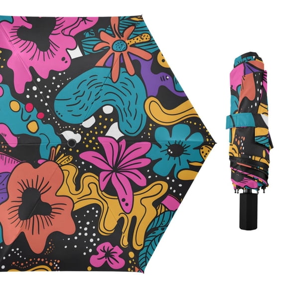 Bright Abstract Floral Patterns All Weather Umbrella Triple Folding Parasol 6 Ribs UV Protection Portable