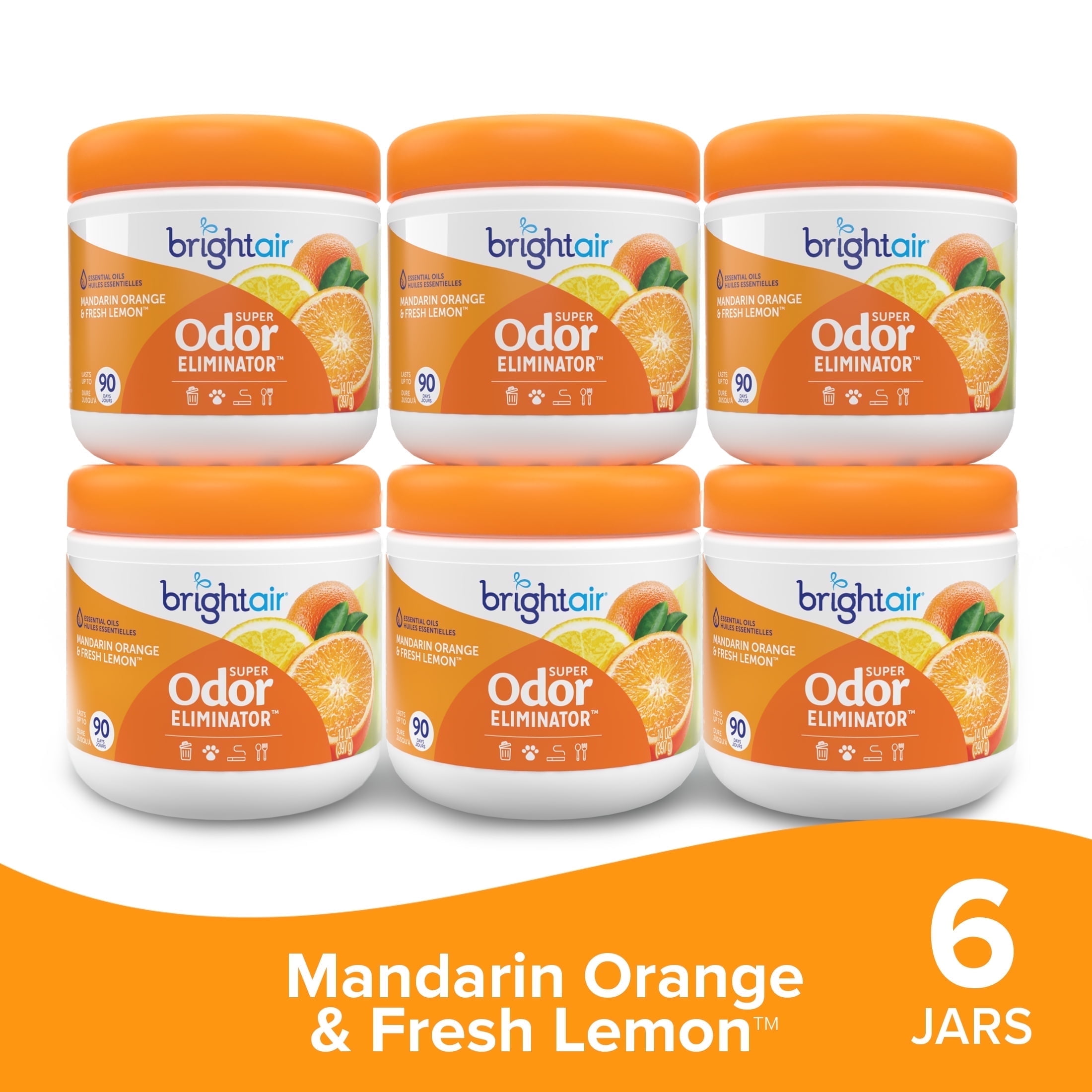 Bright Air 14 oz. Super Odor Eliminator, Mandarin Orange & Fresh Lemon Scent, For Medium-Size Spaces, Lasts up to 90 Days Each, Air Freshener, Case of 6